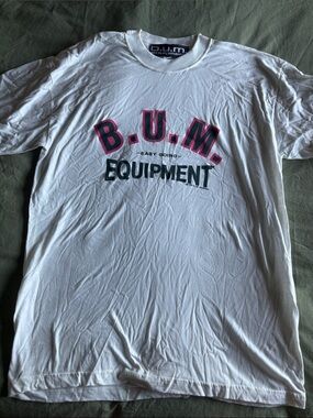 Vintage 1993 new B.U.M. Equipment White Graphic Tee with Pink & Black Logo